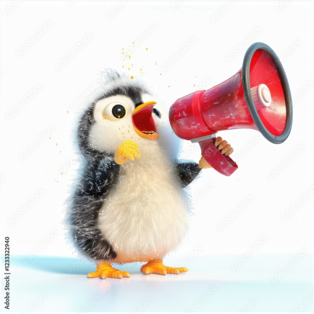 Fototapeta premium Playful penguin with a megaphone, making noise and spreading cheer in this whimsical Arctic scene.