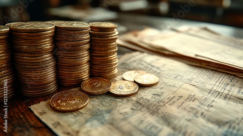 Stacks of vintage coins on aged documents, showcasing history and value in a cozy setting