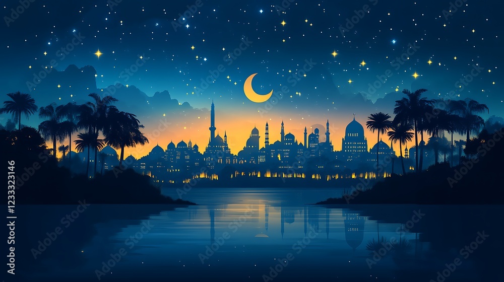 Fototapeta premium Nighttime Cityscape Serene Moonlight Palm Trees