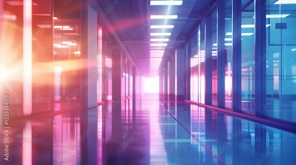Fototapeta premium A futuristic hallway with vibrant lighting and glossy floors, suggesting innovation and modernity.