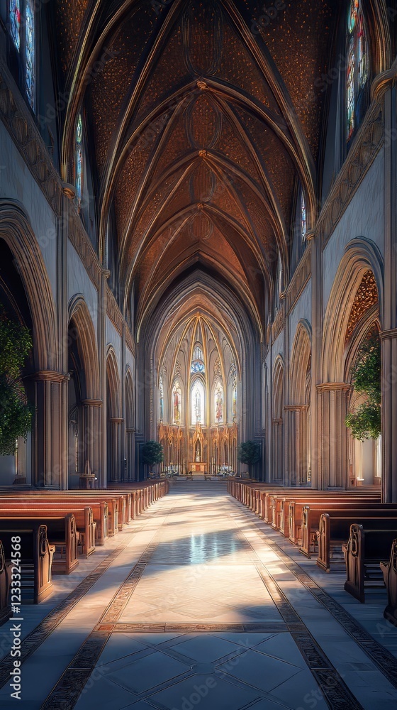 Fototapeta premium Sunlit cathedral nave, serene and grand.