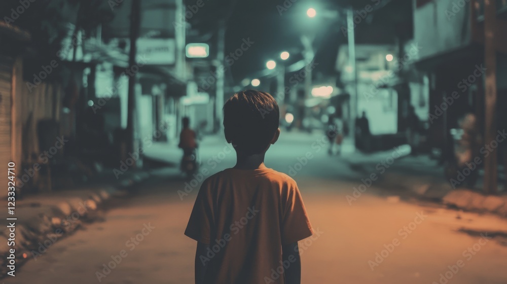 A child stands alone in a dimly lit street at night, with distant figures and shadows around A child stands alone in a dimly lit street at night, with distant figures and shadows around
