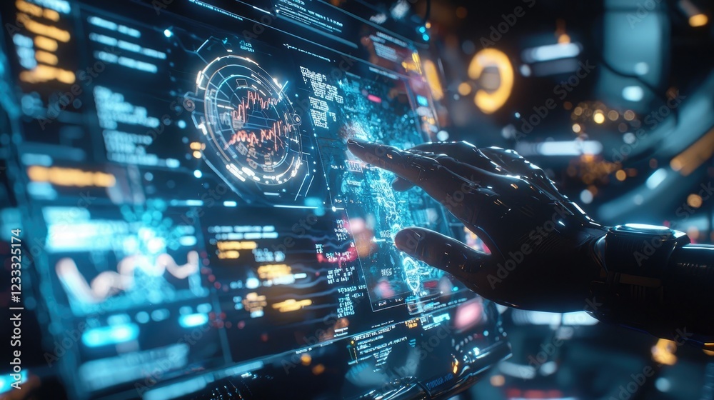Obraz premium Robotic Hand Interacting with Futuristic Interface