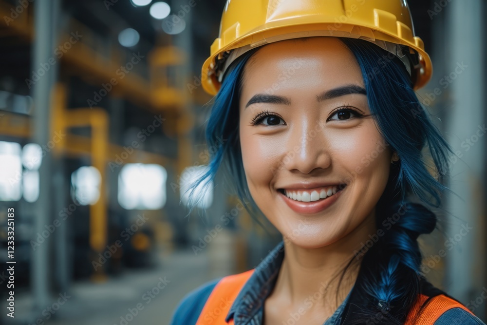 Happy Woman Standing Proudly in Hard Hat in Factory 