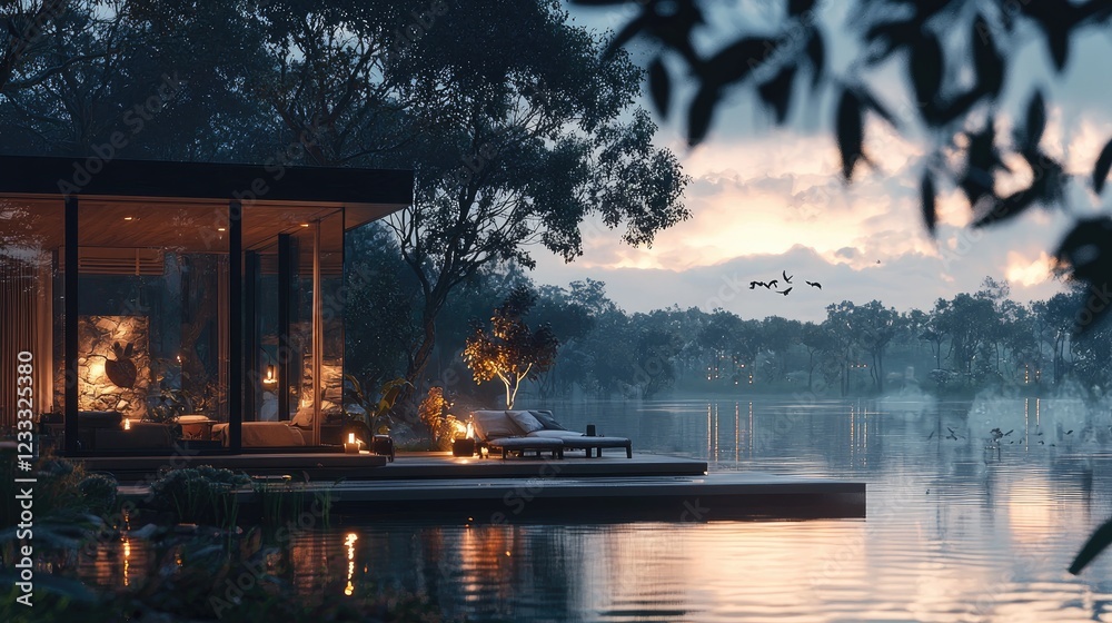 Tranquil Lakeside Modern Glass House at Sunset Tranquil Lakeside Modern Glass House at Sunset