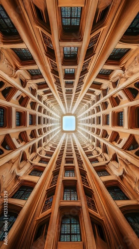 Looking up a towering, light-filled atrium.