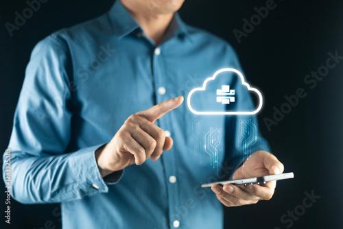Cloud printing concept.Business man using smartphone for print cloud computing.
