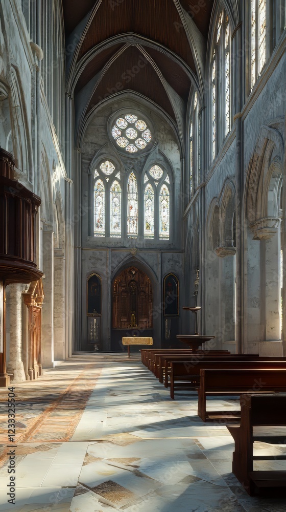 Fototapeta premium Sunlit church interior with stained glass