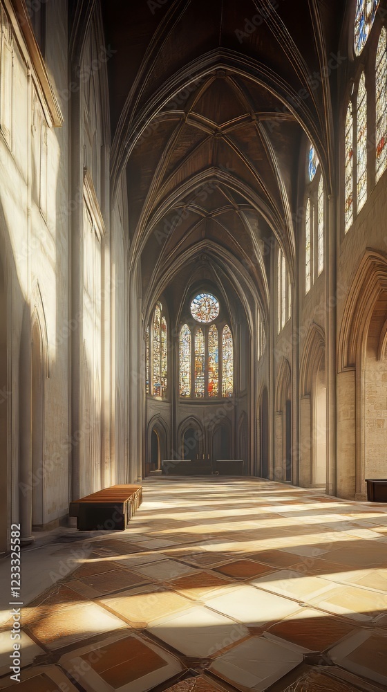 Obraz premium Sunlit Gothic cathedral aisle