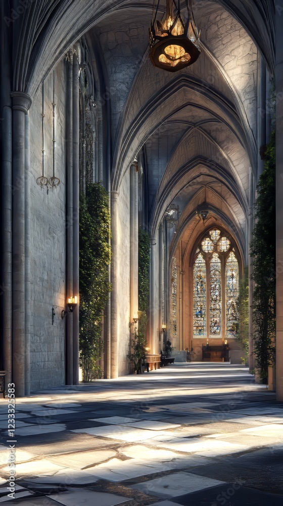Fototapeta premium Sunlit cathedral cloister with plants