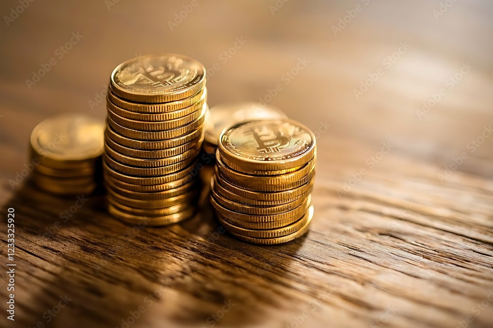 Stacks of Gold Bitcoin Coins on Rustic Wooden Surface Stacks of Gold Bitcoin Coins on Rustic Wooden Surface