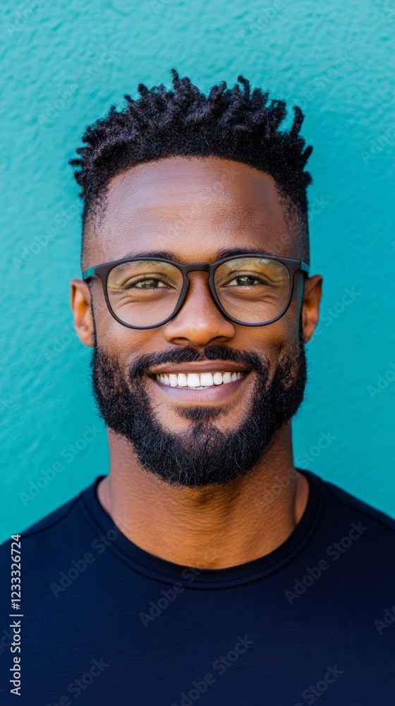 Smiling young Black man with short dreadlocks and glasses against a teal background.