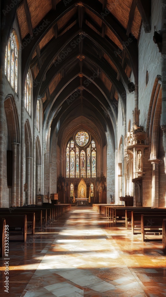 Sunlit church nave with stained glass Sunlit church nave with stained glass