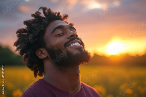 Joyful young Black man with closed eyes, basking in the warm glow of a vibrant sunset.  A moment of peace and contentment.