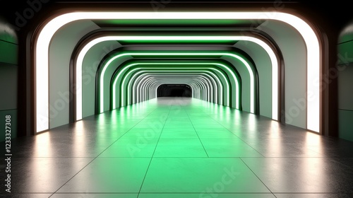 Modern hallway with glowing green arches and sleek reflective floor
