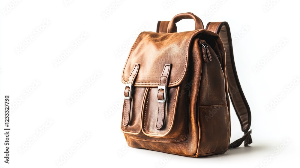 Fototapeta premium Leather brown school backpack isolated on white background. Back-to-school concept