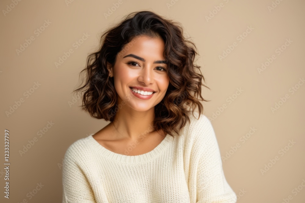 Ecstatic lady with short wavy hair, white sweater in neutral setting Ecstatic lady with short wavy hair, white sweater in neutral setting