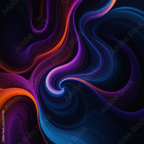 Hypnotic digital swirls in purple blue pink on a black backdrop 