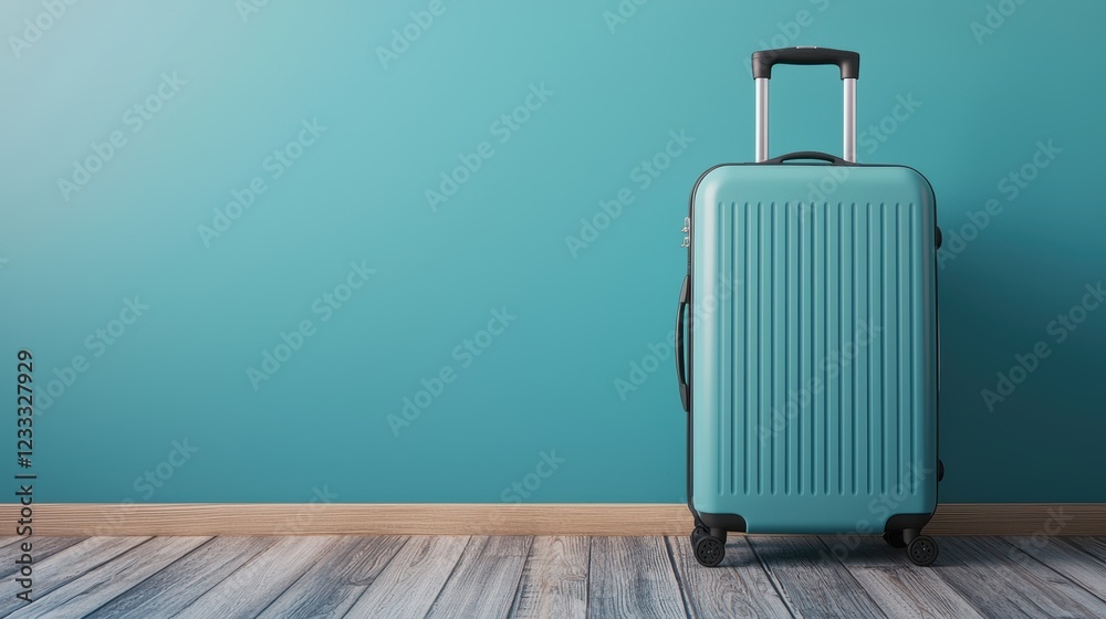Stylish Blue Suitcase on a Wooden Floor Background Stylish Blue Suitcase on a Wooden Floor Background