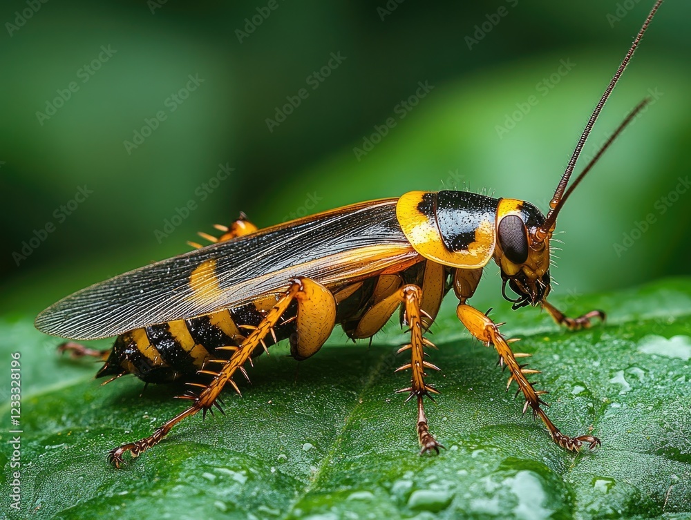 Close-up view of a cockroach with yellow and black markings on a green leaf with water drops