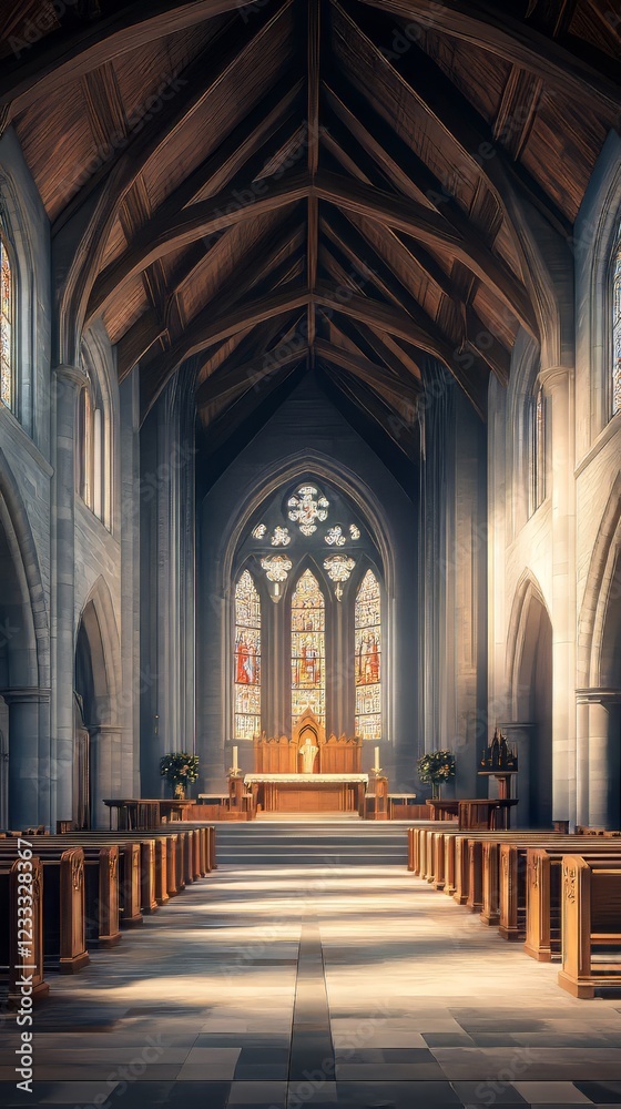 Obraz premium Tranquil cathedral interior, sunlit.