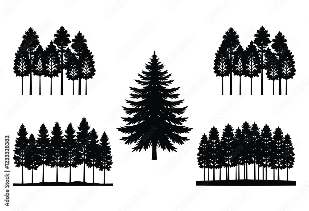 Fototapeta premium Fir trees silhouettes. Coniferous spruce horizontal background patterns, Beautiful hand drawn panorama with treetops forest.