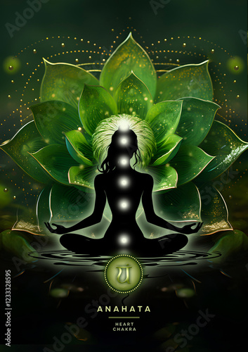 Heart chakra, yoga lotus pose meditation. Anahata chakra, mystical green and gold petals, enchanted ambience. Peaceful decor for chakra energy healing, reiki or yoga studios, massage therapists.