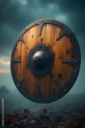 A rugged Viking shield showing deep scars and worn wood, suspended in air.

