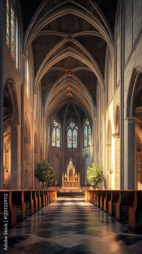 Sunlit cathedral nave and altar Sunlit cathedral nave and altar