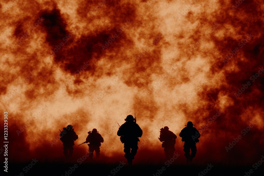 Fototapeta premium Silhouetted soldiers advance through a fiery, smoke-filled battlefield. A dramatic image of courage and conflict.