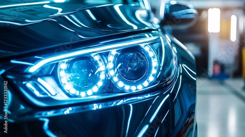 Close-Up of Modern Car Headlight with Blue LED Technology