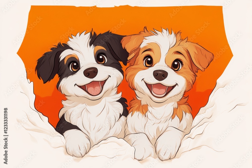 Φωτογραφία Two adorable puppies peek through a torn piece of paper, their happy expressions radiating warmth against a vibrant orange backdrop