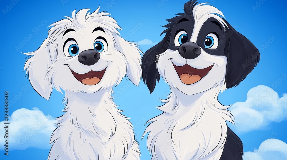 Obraz premium Two adorable cartoon puppies, one white and fluffy, the other black and white, look up against a bright blue sky. Joyful and playful!