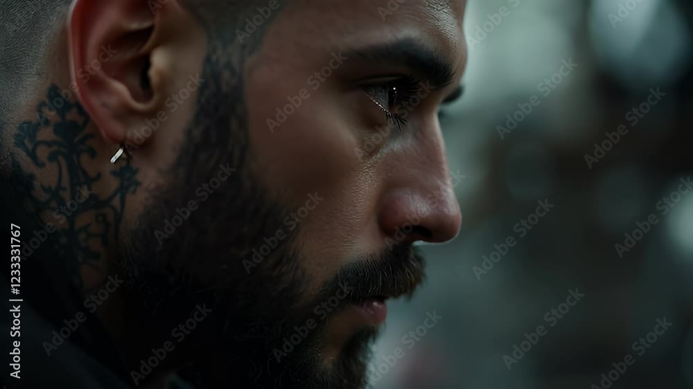 Close-up portrait of a man with a beard and tattoos, showing an intense and pensive expression.