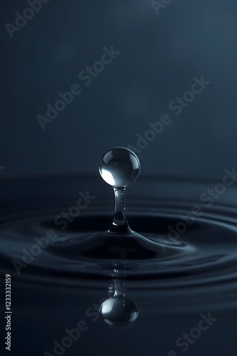 A crystal-clear raindrop captured just before impact with a shiny surface.
