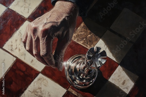 A hand captured from above, moving a metallic bishop into a strong position on a chessboard under dramatic lighting. photo