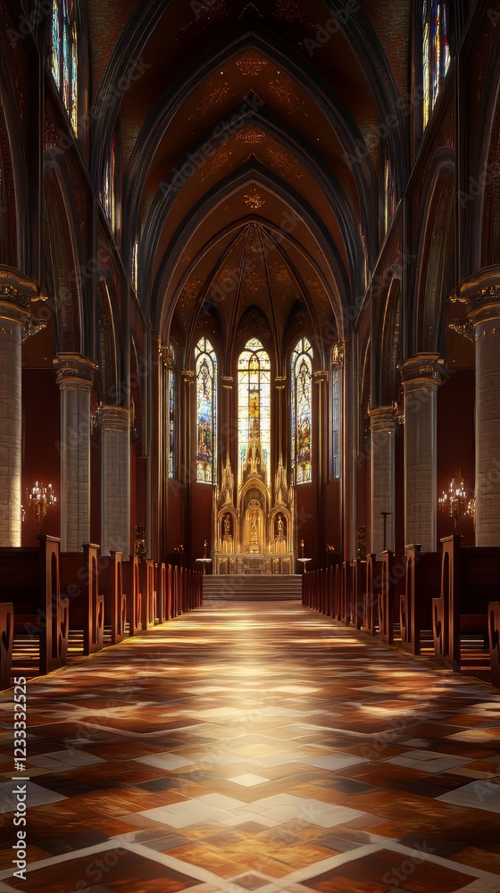 Obraz premium Sunlit church nave interior