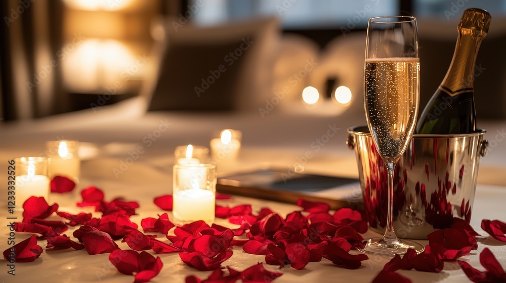 Champagne Bucket and Rose Petals in Plush Setting Champagne Bucket and Rose Petals in Plush Setting