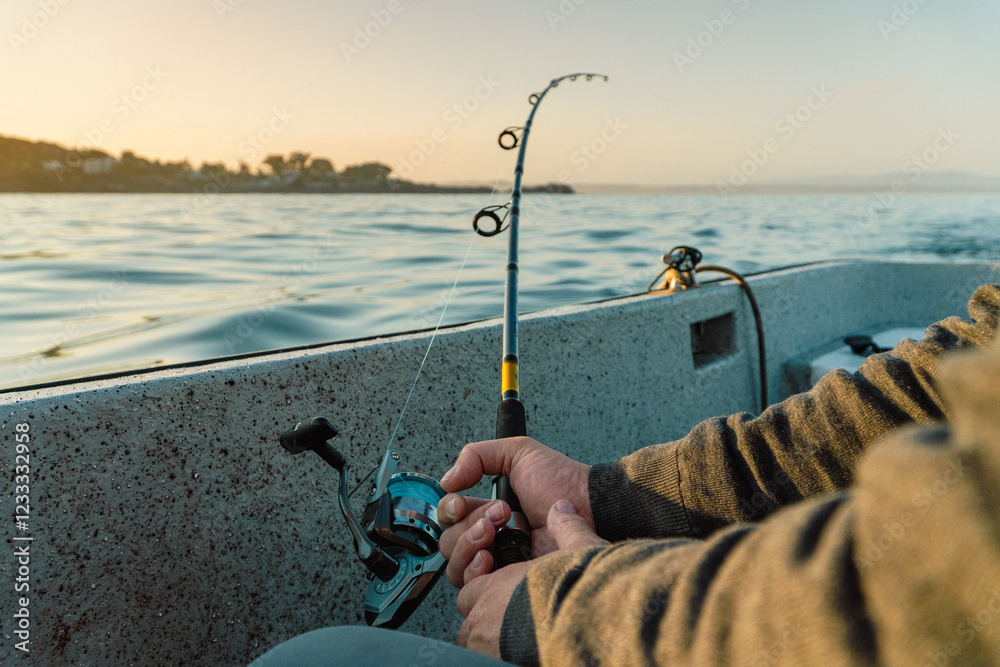 Hands Holding a Fishing Rod from a Boat as the Sun Rises Over the Sea