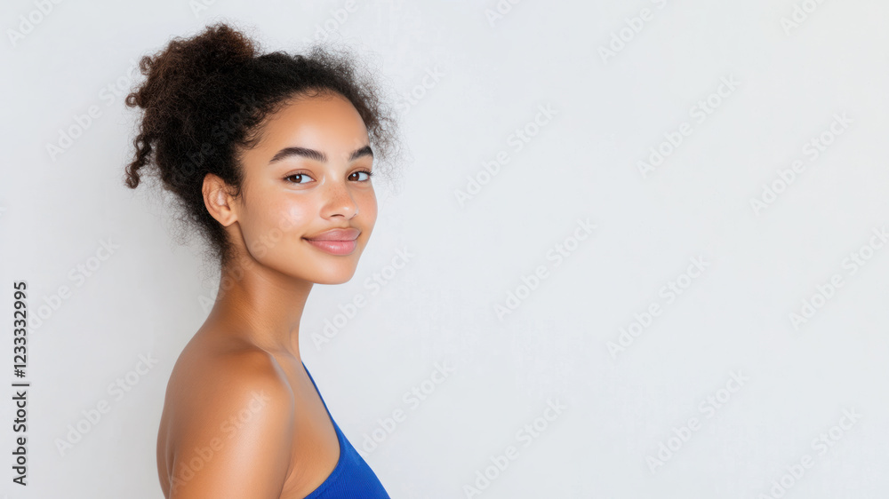 Happy Afro woman wearing blue dress smiling isolated on white background Happy Afro woman wearing blue dress smiling isolated on white background