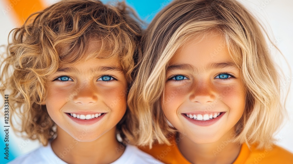 Fototapeta premium Two adorable siblings with blond, curly hair flash bright smiles. Their joyful expressions and matching blue eyes create a heartwarming image.