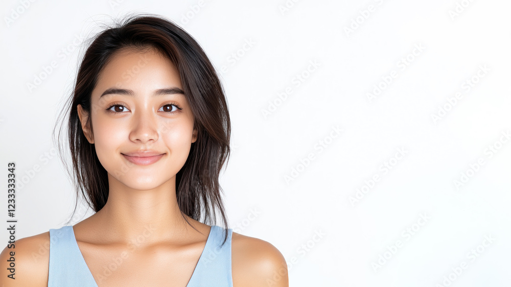 Happy Indonesian woman wearing blue dress smiling isolated on white background Happy Indonesian woman wearing blue dress smiling isolated on white background