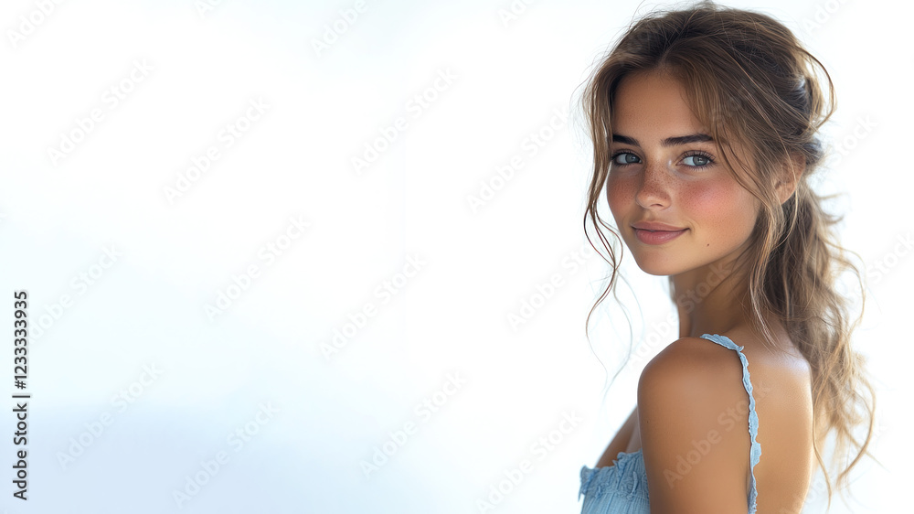 Happy french woman wearing blue dress smiling isolated on white background Happy french woman wearing blue dress smiling isolated on white background