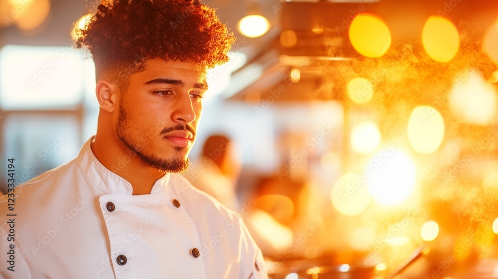Young male chef in a busy kitchen, warm lighting, focused expression. Young male chef in a busy kitchen, warm lighting, focused expression.