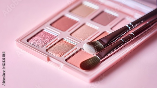 A makeup palette with brushes on a pink background.