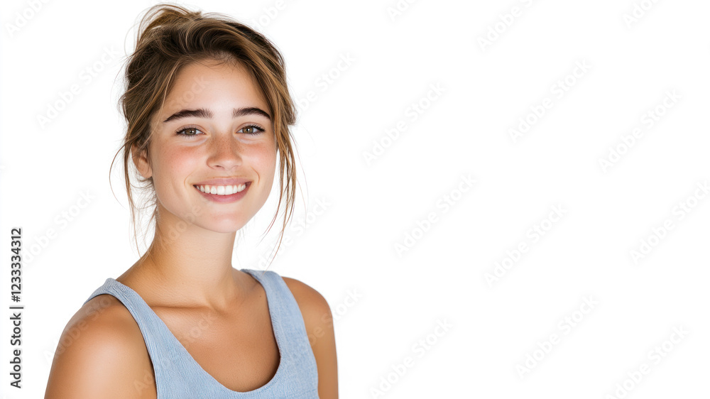 Happy Australian woman wearing blue dress smiling isolated on white background Happy Australian woman wearing blue dress smiling isolated on white background