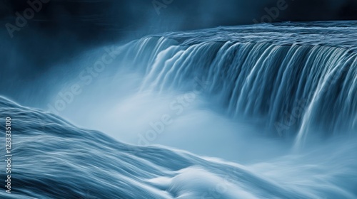 Majestic waterfall cascading over rocks, misty spray, dark sky, nature scene, travel photography