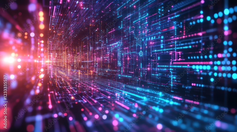 Digital data stream flowing through futuristic tunnel Digital data stream flowing through futuristic tunnel
