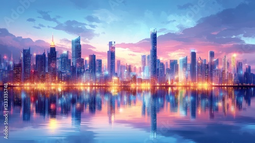 Wallpaper Mural Cityscape reflection, twilight, harbor, vibrant, digital art, website banner Torontodigital.ca
