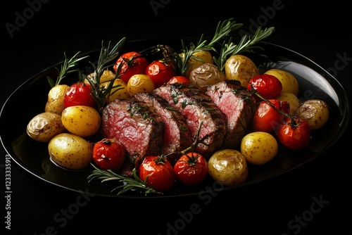 A platter of perfectly seared beef with roses and rosemary, surrounded by golden baby potatoes and vibrant cherry tomatoes, set on an elegant black plate photo